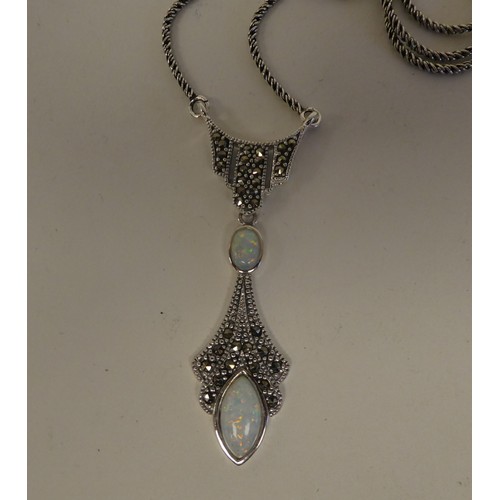 107 - A silver, marcasite and opal set necklet  stamped 925