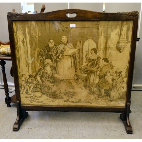 171 - A late 19thC oak firescreen set with a pictorial tapestry panel, raised on block feet  34