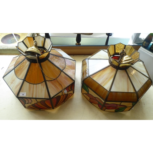 14 - Two similar octagonal box design, coloured lead glazed, pendant light shades  19