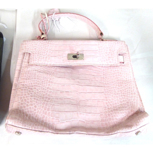 26 - Five various faux snakeskin handbags: to include bottle green and a pink example