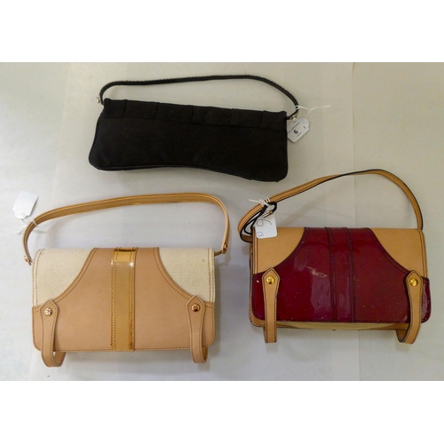 6 - Two shoulder bags, one beige and cream, one beige and ruby coloured with buckles; and a black satin ... 