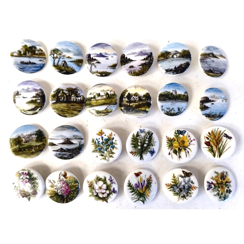 64 - China buttons, individually handpainted with historic scenes and wildflowers