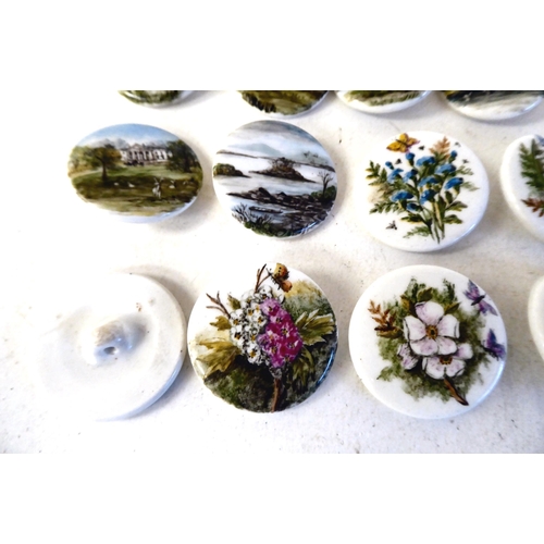 64 - China buttons, individually handpainted with historic scenes and wildflowers