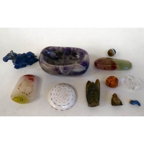 98 - Variously coloured and worked stone and glass artefacts: to include a moth; and lapis lazuli horse