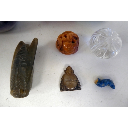 98 - Variously coloured and worked stone and glass artefacts: to include a moth; and lapis lazuli horse