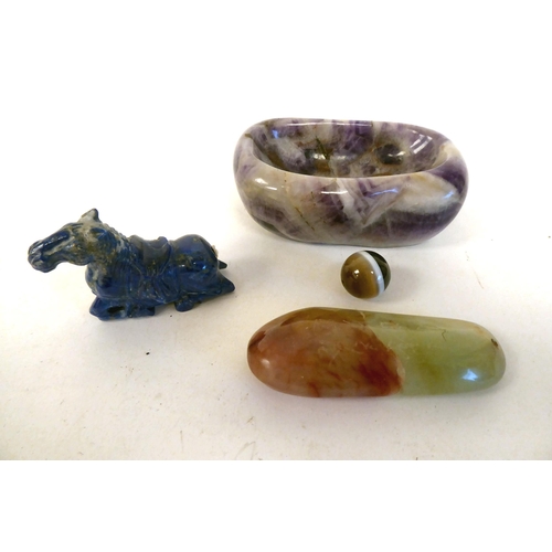 98 - Variously coloured and worked stone and glass artefacts: to include a moth; and lapis lazuli horse