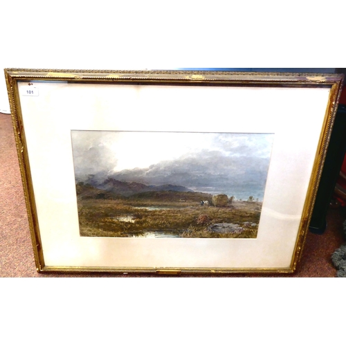 101 - E Ellis - homeward after haymaking in a barren landscape  watercolour  bears a signature  12