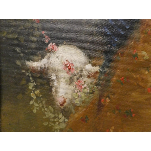 108 - A study of a young woman with a goat  oil on canvas  bears an indistinct signature  2... 