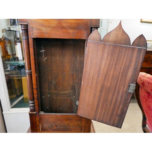 18 - An early 19thC mahogany longcase clock, the hood with a swan neck pediment, over an arched window an... 