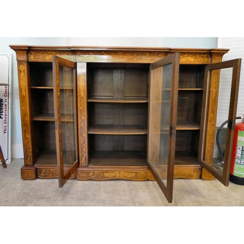 3 - A 19thC Continental rosewood and floral marquetry breakfront cabinet, comprising three inline, full ... 