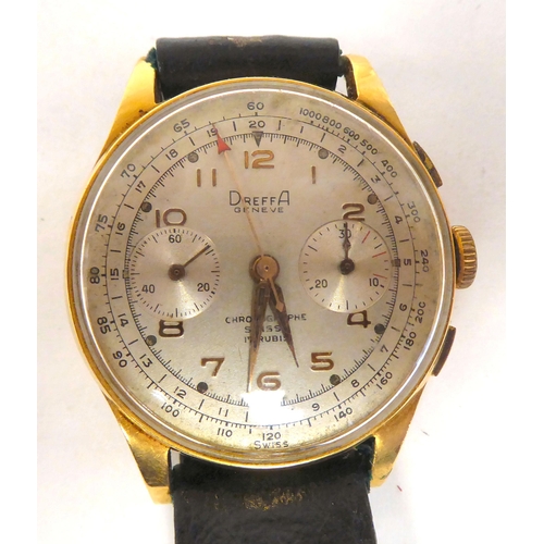 309 - A Dreffa chronograph, 18ct gold cased, faced by a gilded, Champagne coloured Arabic dial, incorporat... 