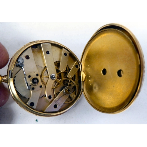 312 - An 18ct gold cased pocket watch with bright-cut engraved ornament, stamped 18k, the movement faced b... 