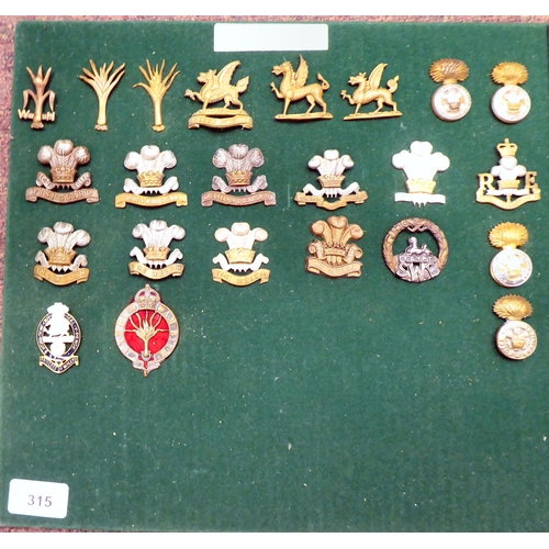 315 - Approx. forty-four Welsh and Irish regimental cap badges, some copies: to include Royal Welsh Fusili... 