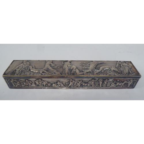 317 - A late 19thC Elkington & Co silver plated dressing table box with a hinged lid, cast in classica... 