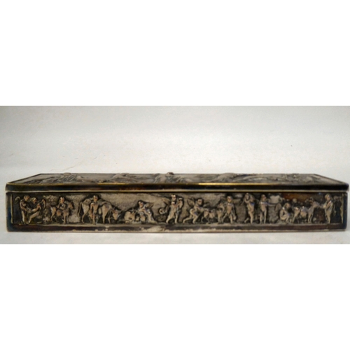 317 - A late 19thC Elkington & Co silver plated dressing table box with a hinged lid, cast in classica... 