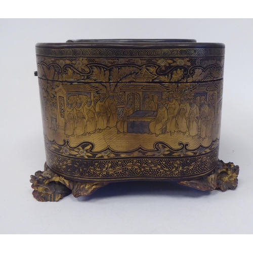 32 - A 19thC Chinese Export, lacquered and gilded tea casket of straight sided, serpentine outlined form,... 