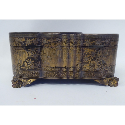 32 - A 19thC Chinese Export, lacquered and gilded tea casket of straight sided, serpentine outlined form,... 