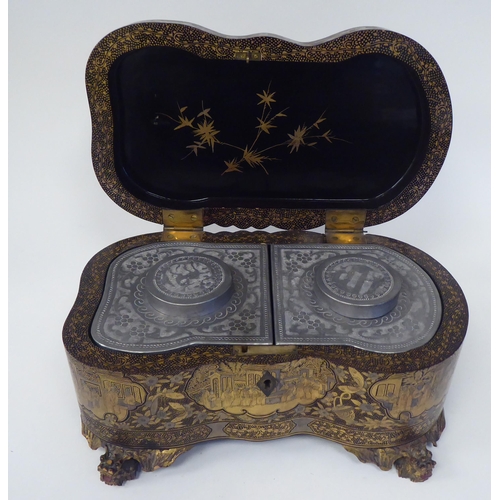 32 - A 19thC Chinese Export, lacquered and gilded tea casket of straight sided, serpentine outlined form,... 