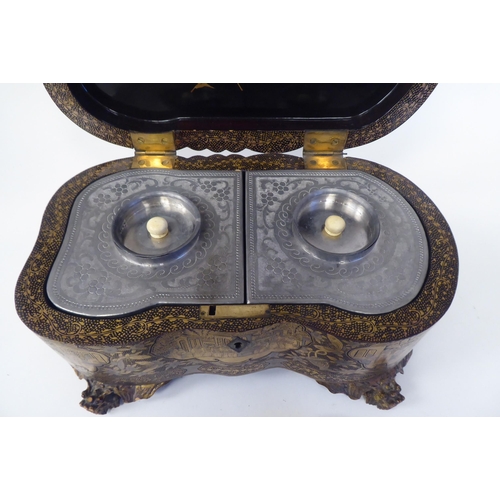 32 - A 19thC Chinese Export, lacquered and gilded tea casket of straight sided, serpentine outlined form,... 