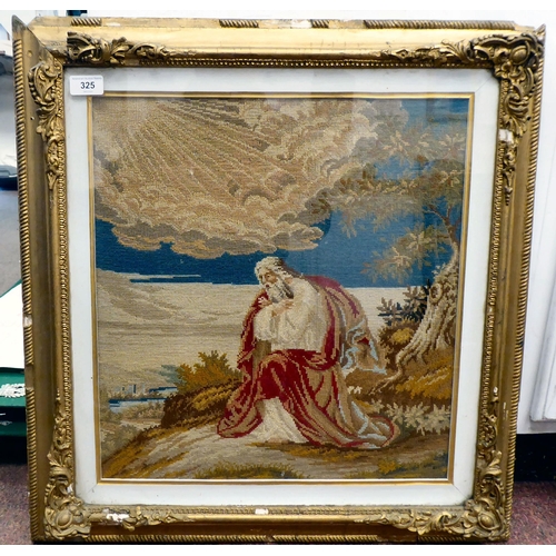 325 - A Victorian tapestry picture, a biblical subject, a figure kneeling beneath a storm cloud  16