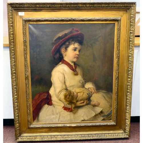 328 - Gustav Pope - a half length portrait, a girl with a doll  oil on canvas  bears a signature & dat... 