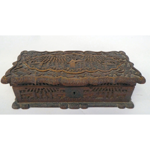 334 - A late 19thC Sino-European softwood casket, allover carved with figures in gardens  3