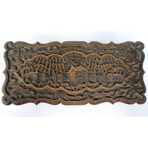 334 - A late 19thC Sino-European softwood casket, allover carved with figures in gardens  3