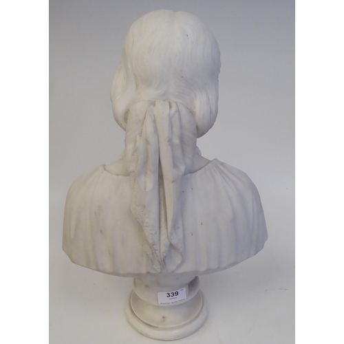 339 - A mid 19thC carved marble bust, a young woman, her hair tied up, wearing a pendant necklet  inscribe... 