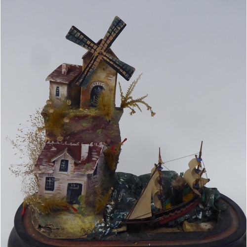 4 - A late 19thC automaton, featuring a ship on the ocean, beside cottages and a windmill, under an oval... 