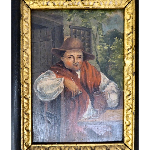 48 - A 19thC half-length portrait miniature, a seated artisan outside an alehouse  4.5