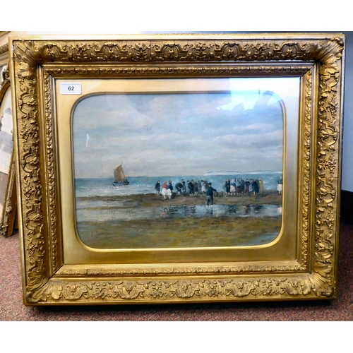 62 - D James - a shoreline scene with a group of figures at low tide  oil on canvas  bears a si... 