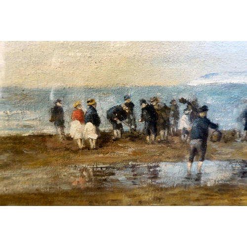 62 - D James - a shoreline scene with a group of figures at low tide  oil on canvas  bears a si... 