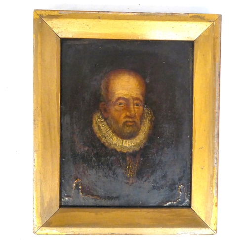 63 - A 19thC head and shoulders portrait miniature, an elderly bearded man wearing a ruff  oil on board  ... 