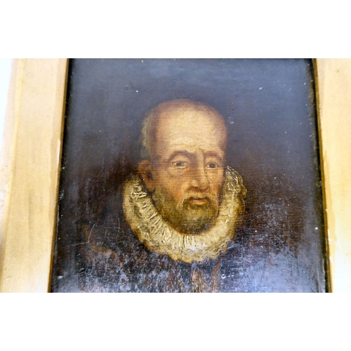 63 - A 19thC head and shoulders portrait miniature, an elderly bearded man wearing a ruff  oil on board  ... 