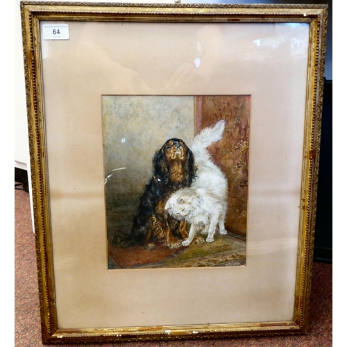 64 - 19thC British School - a study of a spaniel and a white cat  watercolour  bears an indisti... 