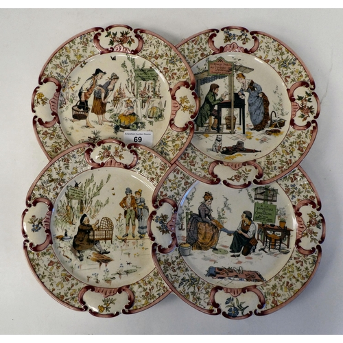 69 - A late 19thC French china wall plaque, fashioned as four overlapping side plates, each depicting art... 