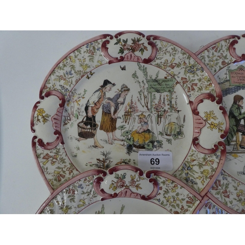 69 - A late 19thC French china wall plaque, fashioned as four overlapping side plates, each depicting art... 