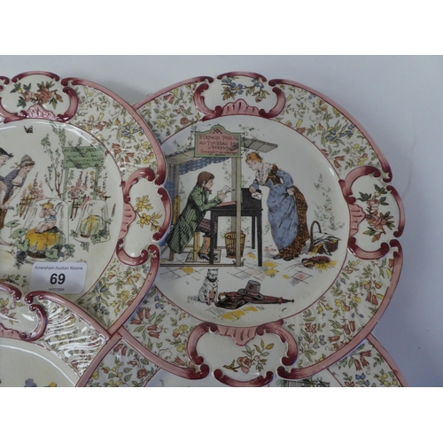 69 - A late 19thC French china wall plaque, fashioned as four overlapping side plates, each depicting art... 