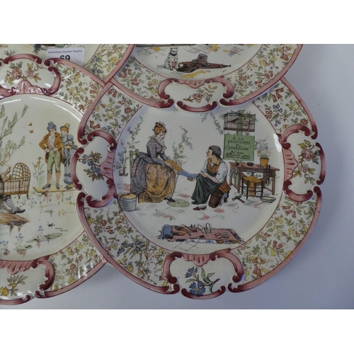 69 - A late 19thC French china wall plaque, fashioned as four overlapping side plates, each depicting art... 