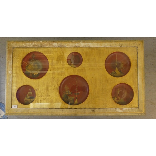 77 - An early 20thC Sino-European crackle painted and gilded wooden coffee table, the top set with glass,... 