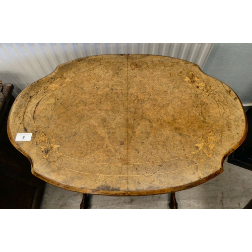 8 - A mid Victorian figured walnut, oval needlework table with marquetry ornament, the quarter veneered ... 