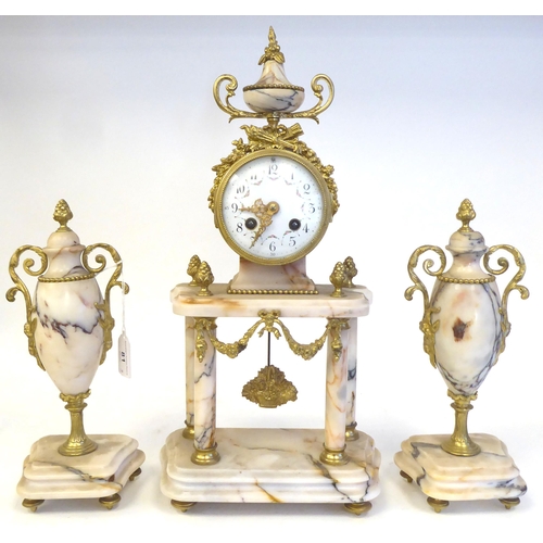 81 - A late 19th/early 20thC French mottled pink marble and gilt metal mounted, three piece clock garnitu... 