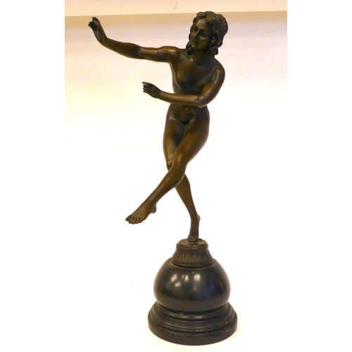 86 - A 19thC style cast and patinated bronze figure, a dancing nude, on a black marble plinth  bears... 