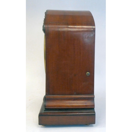 91 - A 19thC mahogany cased, pointed arch top bracket clock with applied, foliate carved mounts, on ball ... 