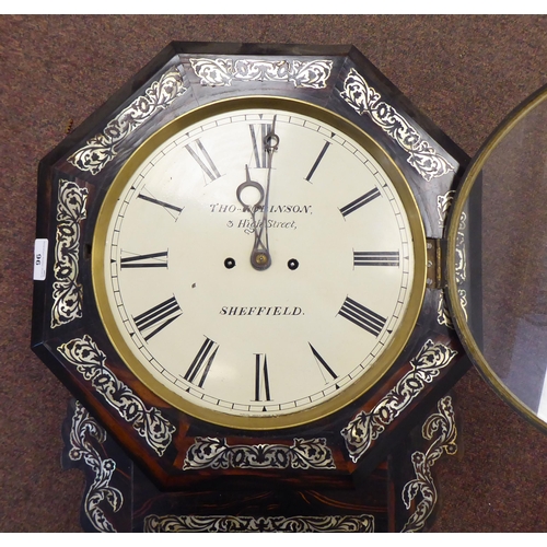 96 - A William IV rosewood and mother-of-pearl cased drop-dial wall clock; the twin fusee movement faced ... 