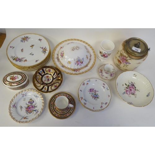 106 - Ceramics: to include a late Victorian blush ivory glazed, china biscuit barrel with a silver plated ... 