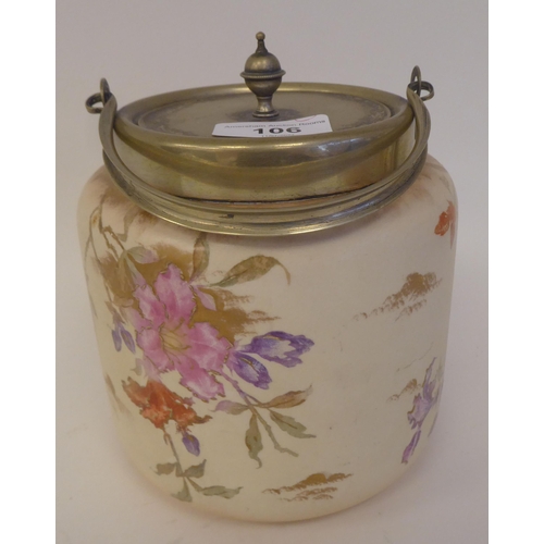 106 - Ceramics: to include a late Victorian blush ivory glazed, china biscuit barrel with a silver plated ... 