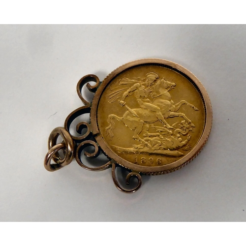 111 - A Victorian sovereign, St George on the obverse  1896, in a yellow metal mount