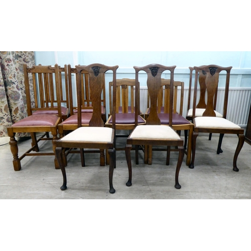 126 - Three sets of four 1920/30s oak framed dining chairs, each in a unique design