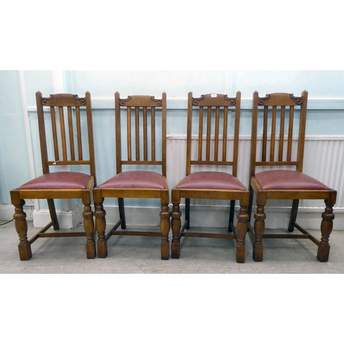 126 - Three sets of four 1920/30s oak framed dining chairs, each in a unique design